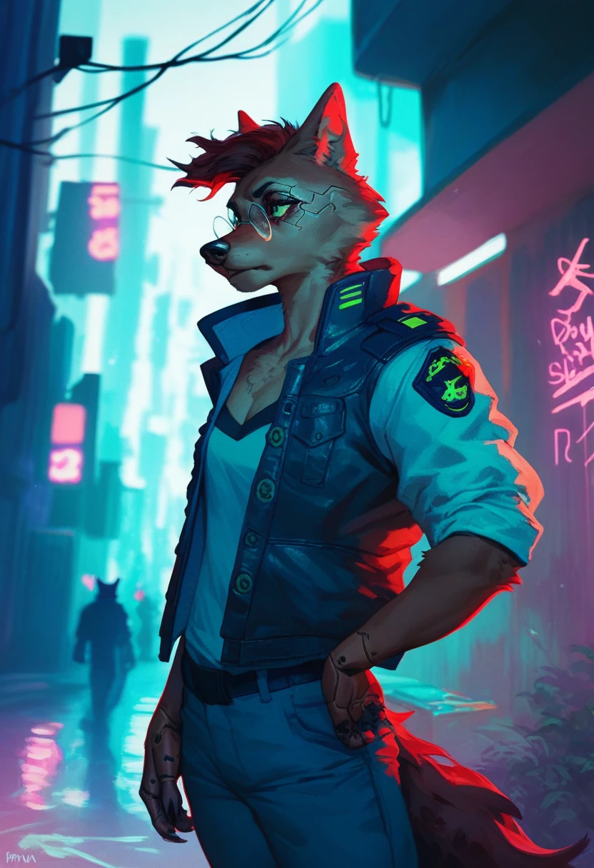 Um oficial de polícia antropomórfico lobo preto de estilo cyberpunk, usando óculos redondos vermelhos e roupas inspiradas no cyberpunk, em pé em um beco da cidade cyberpunk (como Cidade da Noite) envolvido em um tiroteio. O personagem deve estar totalmente no quadro.