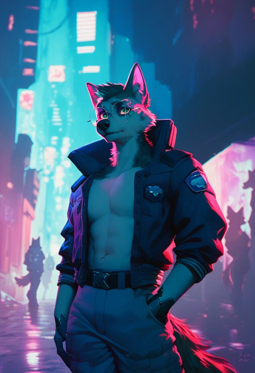 Un policier loup noir anthropomorphe de style cyberpunk, portant des lunettes rondes rouges et des vêtements d&#39;inspiration cyberpunk, debout dans une ruelle de la ville cyberpunk (comme Night City) engagé dans une fusillade. Le personnage doit être entièrement dans le cadre.