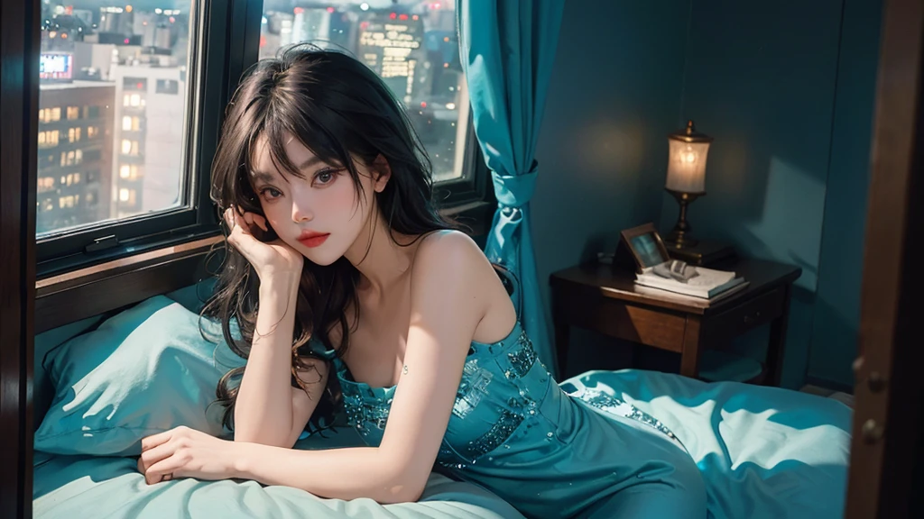 ((High quality, 8k, perfect quality)), beautiful, perfect face, gazing out the window, nighttime, (dark room), Before sleeping, restless, short nightgown, staring at the window, city night view, crop top, hair color black and cyan