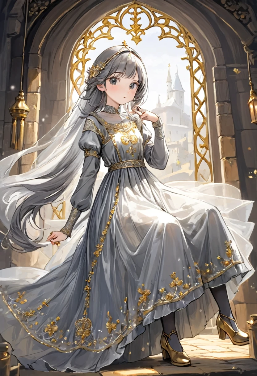 girl, Gold and silver embroidery, White-gray pearl medieval long dress（With panniers）, Translucent fabric, Pull up the dress by hand, Strong winds, Translucent slip, Grey translucent tights, Peeking from below, Highest quality, Disorder of clothing, sit