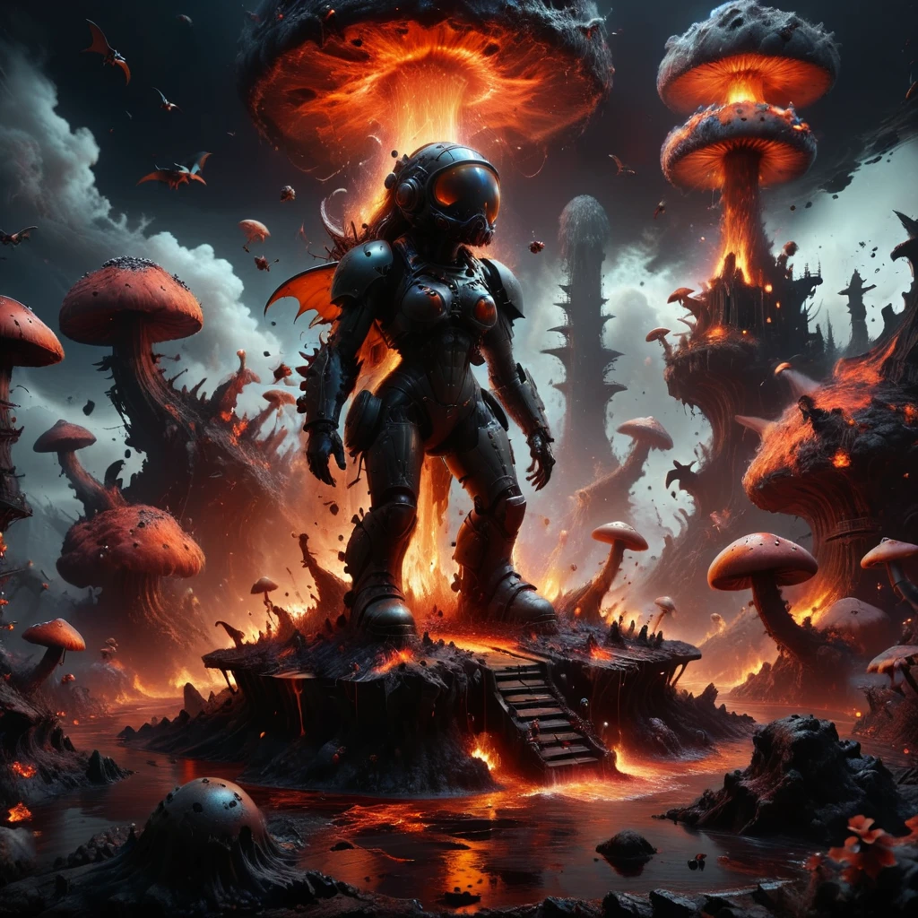 Surreal, 8K Photo, Vibrant, Imaginary nuclear war breaks out, Whimsical, Furry, A futuristic death mech stomps on a mushroom house with its boots, Surrounded by flying bat sharks, And the flowing river of lava. Female barbarian is majestic, Excited B52 Bomber, Dense, Mysterious asteroid belt.