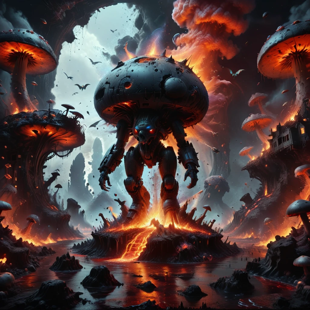 Surreal, 8K Photo, Vibrant, Imaginary nuclear war breaks out, Whimsical, Furry, A futuristic death mech stomps on a mushroom house with its boots, Surrounded by flying bat sharks, And the flowing river of lava. Female barbarian is majestic, Excited B52 Bomber, Dense, Mysterious asteroid belt.