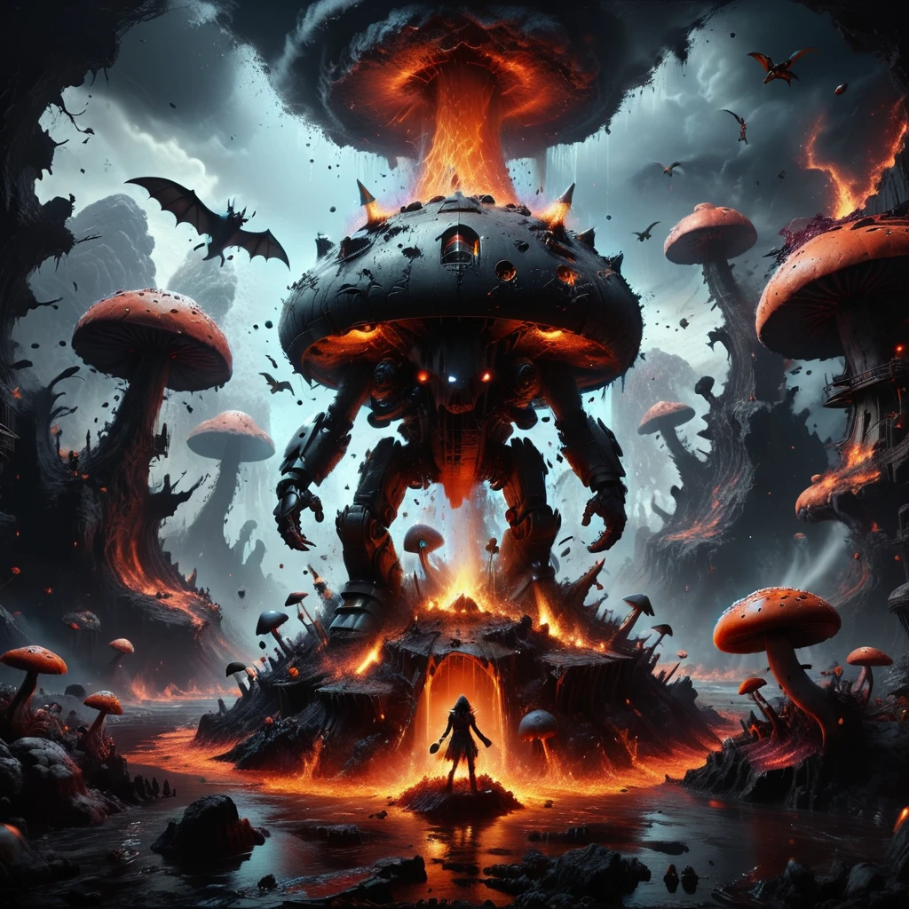 Surreal, 8K Photo, Vibrant, Imaginary nuclear war breaks out, Whimsical, Furry, A futuristic death mech stomps on a mushroom house with its boots, Surrounded by flying bat sharks, And the flowing river of lava. Female barbarian is majestic, Excited B52 Bomber, Dense, Mysterious asteroid belt.