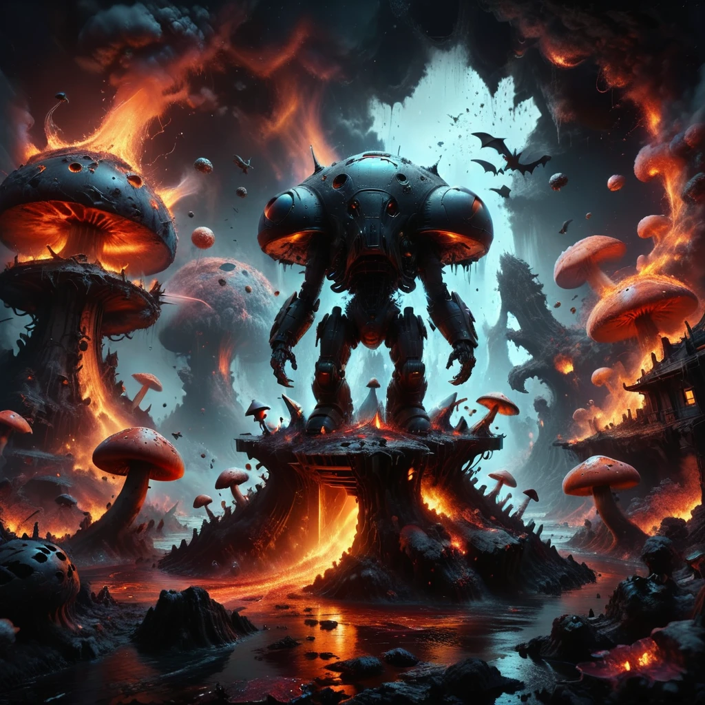 Surreal, 8K Photo, Vibrant, Imaginary nuclear war breaks out, Whimsical, Furry, A futuristic death mech stomps on a mushroom house with its boots, Surrounded by flying bat sharks, And the flowing river of lava. Female barbarian is majestic, Excited B52 Bomber, Dense, Mysterious asteroid belt.