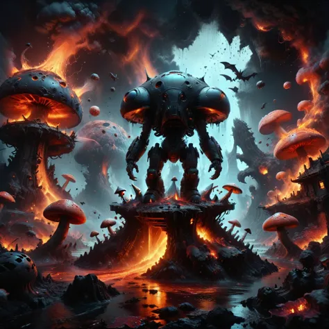 surreal, 8k photo, vibrant, imaginary nuclear war breaks out, whimsical, furry, a futuristic death mech stomps on a mushroom hou...