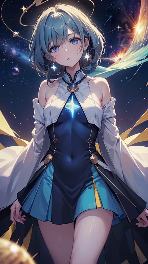   ((((cosmic background glowing stars, planets)))) 1girl, calm, standing, (((stellar jewelry, cosmic attire, ethereal hair))), (...