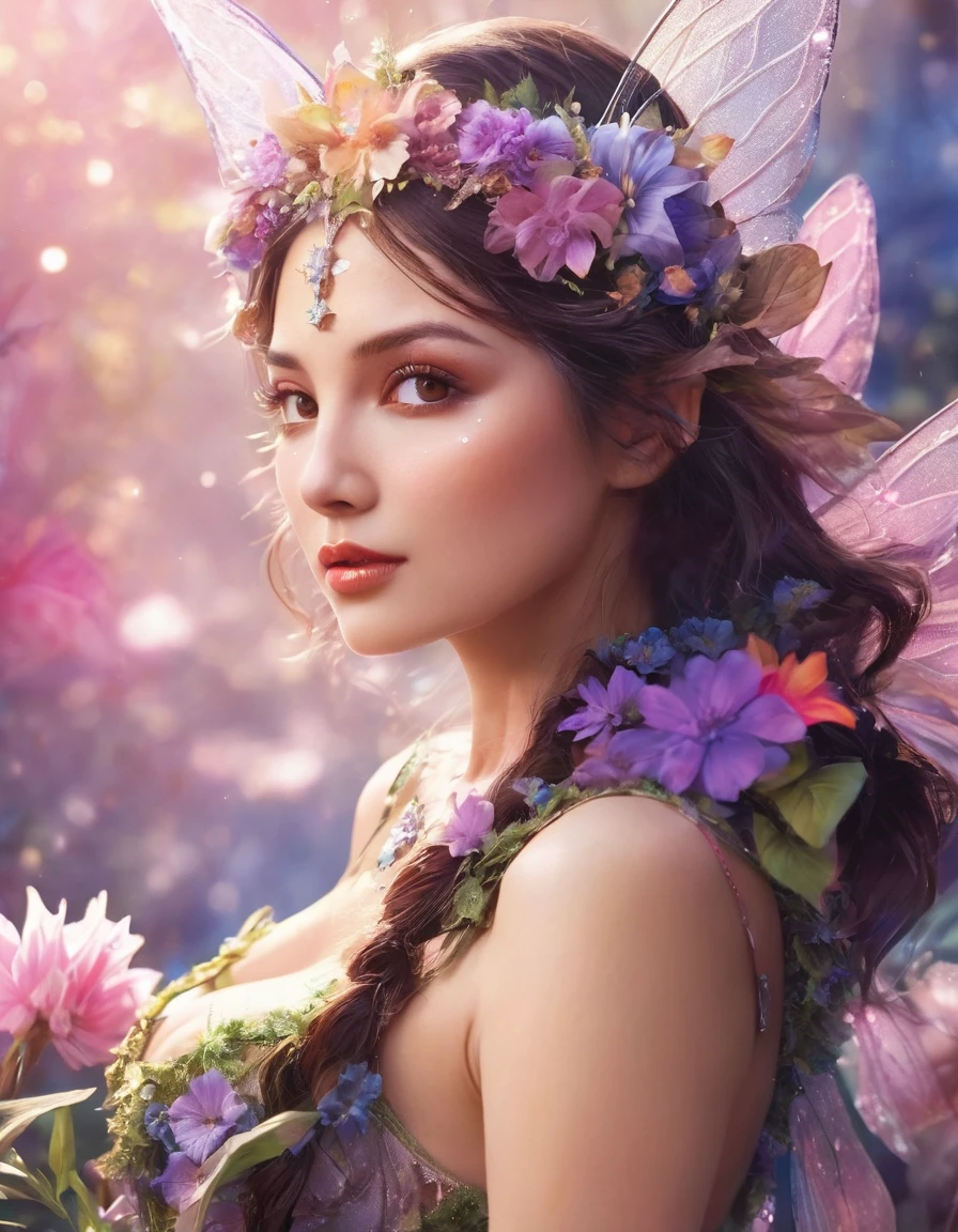 Close-up of busty woman in fairy costume and flower crown, Beautiful fairy, Fantasy art style, Fairy portrait, Fairy portrait, 8k high quality detailed art, Beautiful fairys, Fairy aesthetics, Beautiful fairy, Beautiful fantasy art, colorfull Digital fantasy art, Digital fantasy art ), beautiful adult fairy, Star Fairy, Fantasy Art Behance