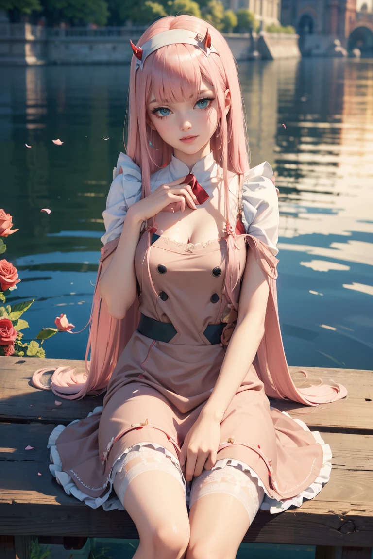 Zero Two, long hair, pink hair, red horns, long flowing hair, floating hair, ornament hair, perfectly body, perfectly hands, dark pink roses, maid, maid dress, maid headdress, maid apron, white apron, on garden, a lake with carpas on background, petals in the air, seat on the grass, centered girl, maid dress, red dress, more details on her clothes, dress with transparency, golden details, daylight, smiling, cape, ((4k, masterpiece, top-quality)),8k, best quality, high resolution, HD, (illustration:0.8), super cute girl, delicate and beautiful face, 1girl, solo, mature girl, super cute hairstyle, (beautiful detailed eyes:1.6), extremely detailed face, perfect lighting, extremely detailed CG, (perfect hands, perfect anatomy), Best quality, cleavage, small skirt, full Body, two arms, two legs, two hands, five fingers