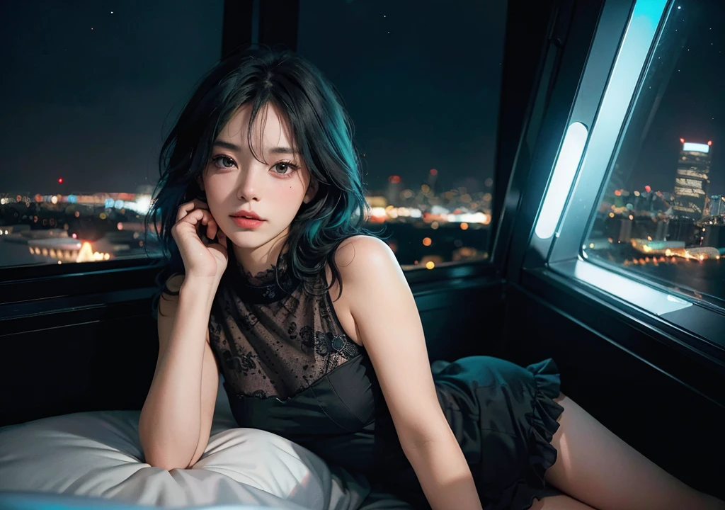 ((High quality, 8k, perfect quality, realistic)), beautiful, perfect face, looking out the window, morning, ((dark room)), Before bed, restless, Short dress, looking at the window, city night view, color black and cyan hair, night city, ((lights off)), facing the audience