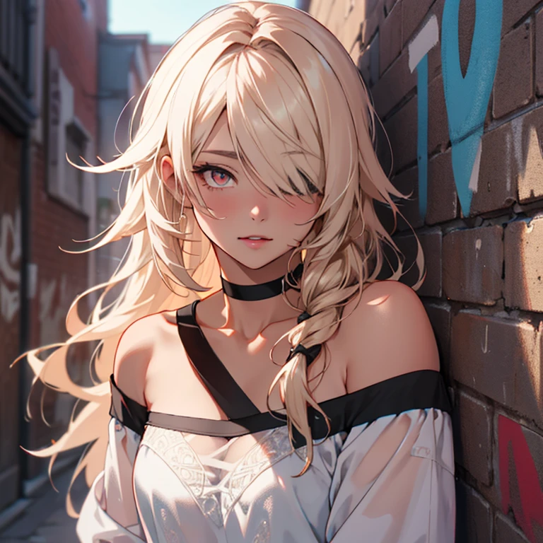 ultra realistic 8k cg, masterpiece, ((ultra detailed background, delicate pattern, intricate detail)), best quality, intricate details, chromatic aberration, 1girl, long hair, golden hair, messy hair, red highlights, hair over one eye, sharp eyes, choker, brick wall, graffiti, dim lighting, alley, oversized shirt,off shoulder, see through white shirt, Masterpiece, best quality