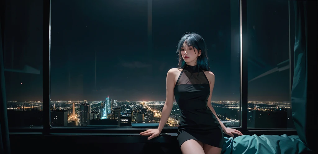 ((High quality, 8k, perfect quality, realistic)), beautiful, perfect face, looking out the window, morning, ((dark room)), Before bed, restless, Short dress, looking at the window, city night view, color black and cyan hair, night city, ((lights off)), facing the audience
