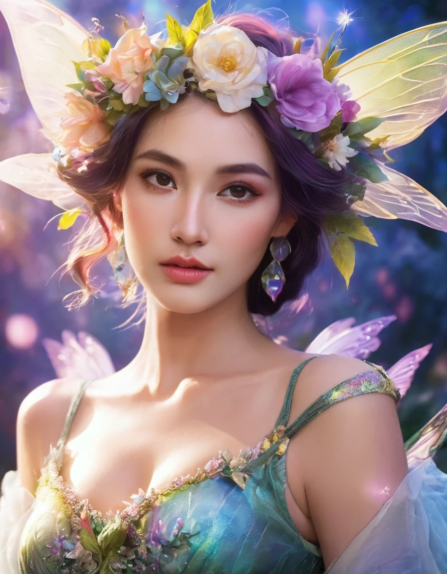 Close-up of busty woman in fairy costume and flower crown, Beautiful fairy, Fantasy art style, Fairy portrait, Fairy portrait, 8k high quality detailed art, Beautiful fairys, Fairy aesthetics, Beautiful fairy, Beautiful fantasy art, colorfull Digital fantasy art, Digital fantasy art ), beautiful adult fairy, Star Fairy, Fantasy Art Behance