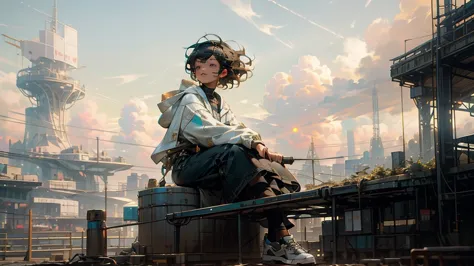 1 young asian girl, short hair, sitting, looking up at the sky, futuristic buildings, golden flying airship in the blue sky with...