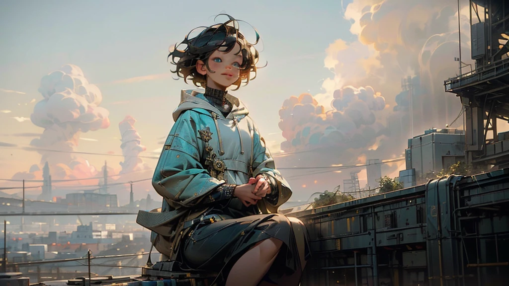 1 young asian girl, short hair, sitting, looking up at the sky, futuristic buildings, golden flying airship in the blue sky with flowing clouds, smiling, boyish, thin, wearing black shorts, white hoodie, black sneakers, (best quality,4k,8k,highres,masterpiece:1.2),ultra-detailed,(realistic,photorealistic,photo-realistic:1.37),cinematic lighting,beautiful detailed eyes,beautiful detailed lips,extremely detailed eyes and face,long eyelashes,intricate details,vibrant colors,dynamic composition,Short mash hair, short cut hair, blonde hair color, turquoise eyes