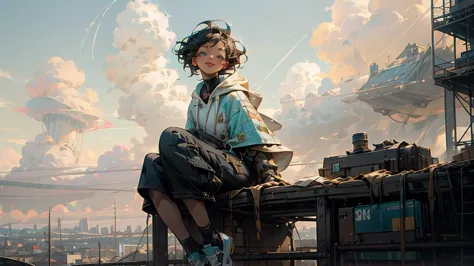 1 young asian girl, short hair, sitting, looking up at the sky, futuristic buildings, golden flying airship in the blue sky with...