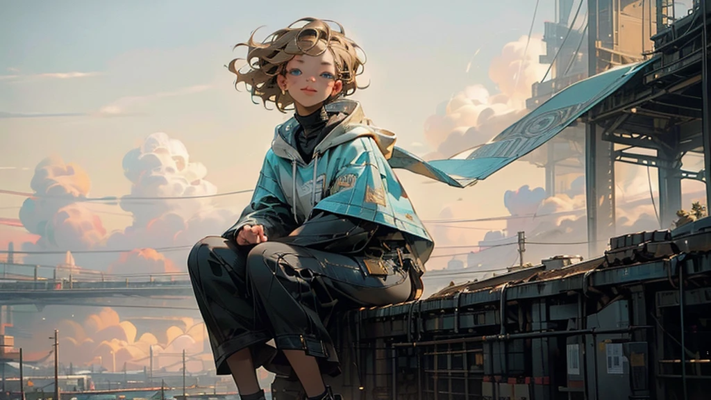 1 young asian girl, short hair, sitting, looking up at the sky, futuristic buildings, golden flying airship in the blue sky with flowing clouds, smiling, boyish, thin, wearing black shorts, white hoodie, black sneakers, (best quality,4k,8k,highres,masterpiece:1.2),ultra-detailed,(realistic,photorealistic,photo-realistic:1.37),cinematic lighting,beautiful detailed eyes,beautiful detailed lips,extremely detailed eyes and face,long eyelashes,intricate details,vibrant colors,dynamic composition,Short mash hair, short cut hair, blonde hair color, turquoise eyes