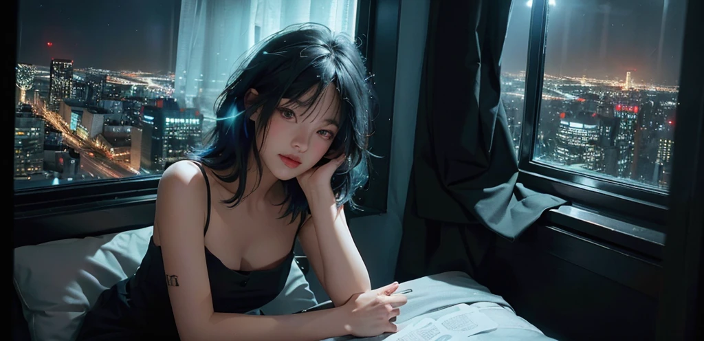 ((High quality, 8k, perfect quality, realistic)), beautiful, perfect face, looking out the window, morning, ((dark room)), Before bed, restless, Short dress, looking at the window, city night view, color black and cyan hair, night city, ((lights off)), facing the audience