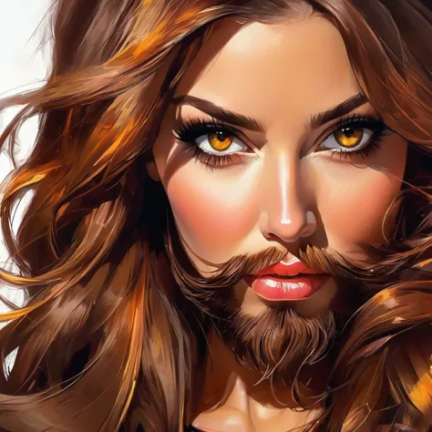 
bearded bearded woman, brown hair, amber eyes, makes a smack