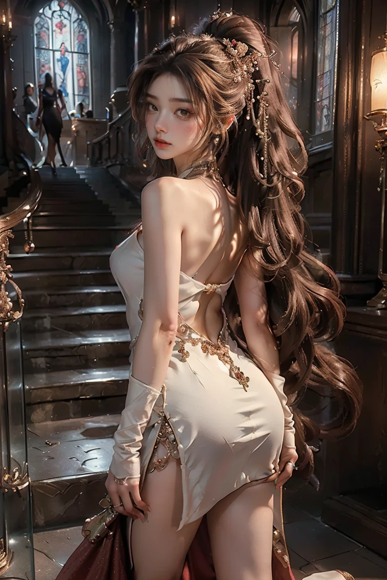 ((masterpiece, highest quality, Highest image quality, High resolution, photorealistic, Raw photo, 8K)), Woman in evening dress, long hair pulled back, jeweled hairpiece, long gloves, glass shoes, bare shoulders, bare back, looking back halfway up the wide staircase leading to the castle, looking down,