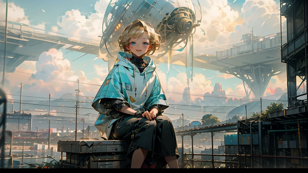 1 young asian girl, short hair, sitting, looking up at the sky, futuristic buildings, golden flying airship in the blue sky with flowing clouds, smiling, boyish, thin, wearing black shorts, white hoodie, black sneakers, (best quality,4k,8k,highres,masterpiece:1.2),ultra-detailed,(realistic,photorealistic,photo-realistic:1.37),cinematic lighting,beautiful detailed eyes,beautiful detailed lips,extremely detailed eyes and face,long eyelashes,intricate details,vibrant colors,dynamic composition,Short mash hair, short cut hair, blonde hair color, turquoise eyes