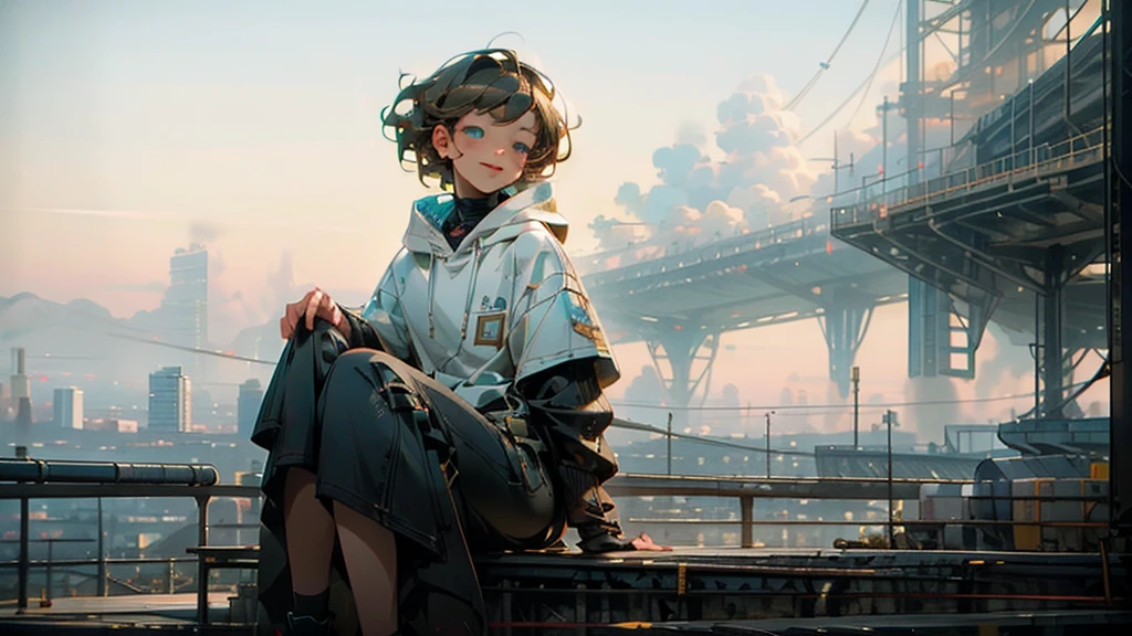 1 young asian girl, short hair, sitting, looking up at the sky, futuristic buildings, golden flying airship in the blue sky with flowing clouds, smiling, boyish, thin, wearing black shorts, white hoodie, black sneakers, (best quality,4k,8k,highres,masterpiece:1.2),ultra-detailed,(realistic,photorealistic,photo-realistic:1.37),cinematic lighting,beautiful detailed eyes,beautiful detailed lips,extremely detailed eyes and face,long eyelashes,intricate details,vibrant colors,dynamic composition,Short mash hair, short cut hair, blonde hair color, turquoise eyes