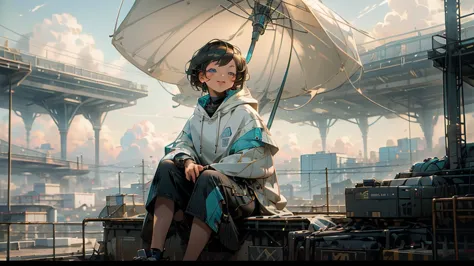 1 young asian girl, short hair, sitting, looking up at the sky, futuristic buildings, golden flying airship in the blue sky with...