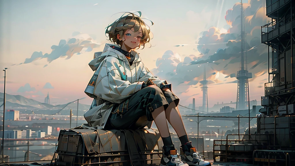 1 young asian girl, short hair, sitting, looking up at the sky, futuristic buildings, golden flying airship in the blue sky with flowing clouds, smiling, boyish, thin, wearing black shorts, white hoodie, black sneakers, (best quality,4k,8k,highres,masterpiece:1.2),ultra-detailed,(realistic,photorealistic,photo-realistic:1.37),cinematic lighting,beautiful detailed eyes,beautiful detailed lips,extremely detailed eyes and face,long eyelashes,intricate details,vibrant colors,dynamic composition,Short mash hair, short cut hair, blonde hair color, turquoise eyes