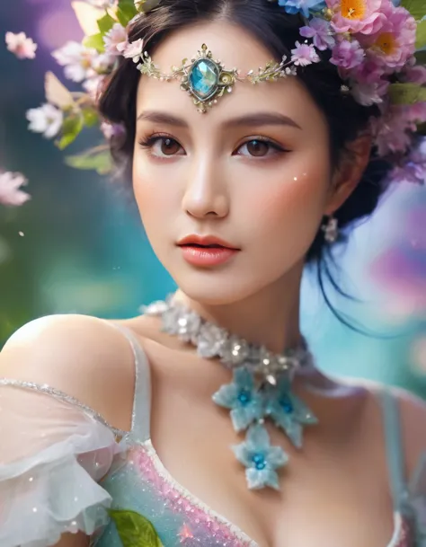 Close-up of busty woman in fairy costume and flower crown, Beautiful fairy, Fantasy art style, Fairy portrait, Fairy portrait, 8...
