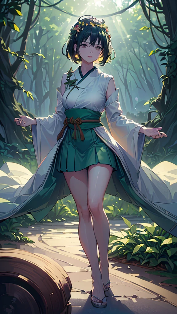 ((((Nature's Blessing) high res, realistic)), 1girl, calm, standing, (((Verdant attire, floral crown, leafy accessories))), [natural surroundings], (forest, trees, greenery, wildflowers:1), full body, facing viewer, (((natural light, soft glow))), medium breasts, looking down, ((serene smile)), ((gentle eyes)), (((beautiful hands))), (((lively foliage))), (ground texture), (soft focus), (relaxed pose), 2, ((full face, full body, head:1, arms, hips in view, elbows, thighs, in view)), (((high contrast))),((4k resolution)),((high quailty lens)),((lens ISO f4.5)),((effect blurred rim +5)),((Eliminates Chromatic Aberration)),((Enable Canon lens correction)),BREAK,((best graphics model)),((Bright balance and soft ratio)), ((moderate dark balance)),((dark area 30%)),((((contrast 10%)), BREAK,((ratio sun beam 60%)),((Sky light 10%)),BREAK,((of the highest quality, 8K,Raw photo)),Japanese style colors, Soft-beam light, afternoon light,BREAK,((Fixed Finger, Hand))