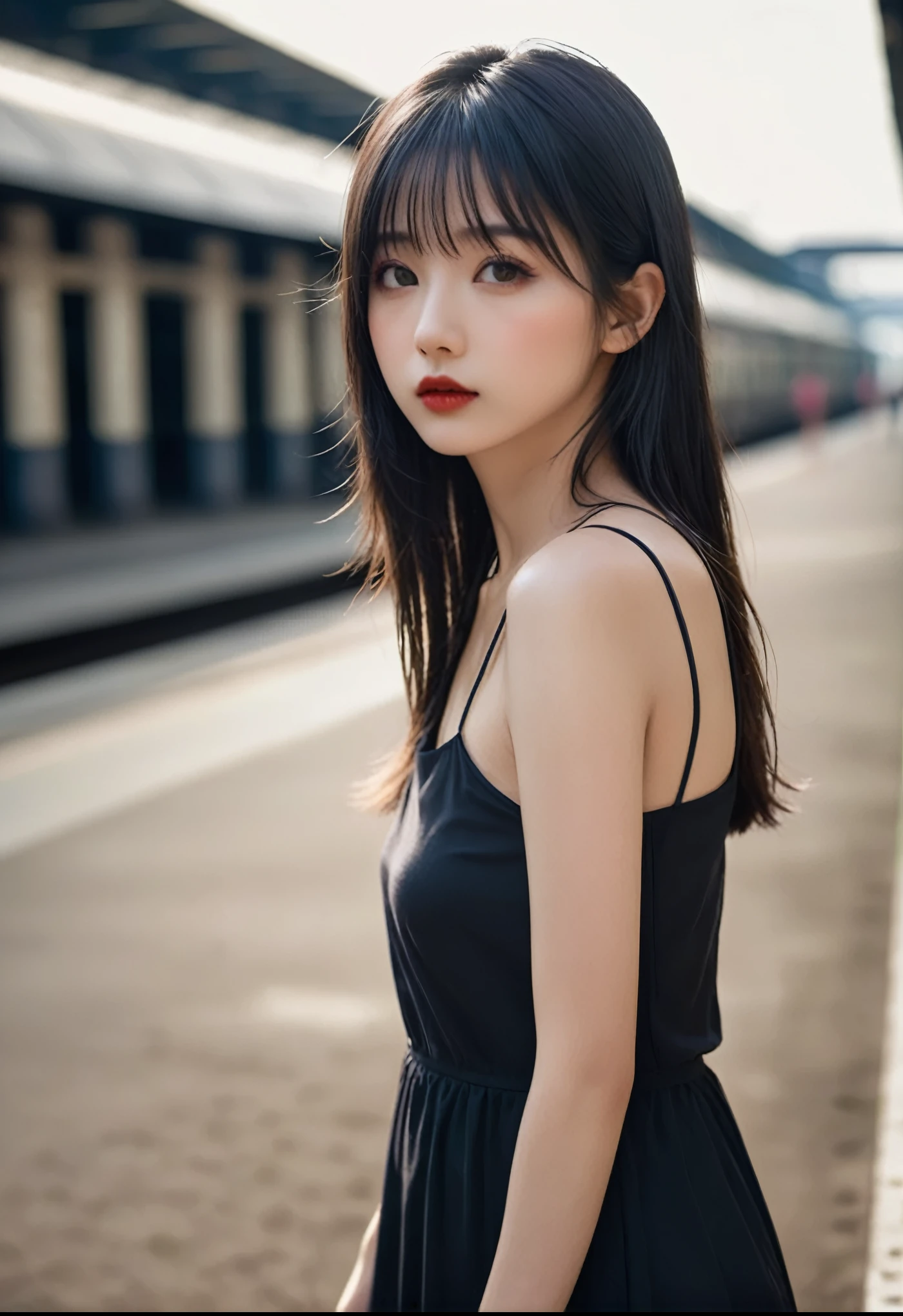 a girl，cute and pretty face，Long straight black hair，Long bangs covering eyes，long eyelashes，(Fine eyes)，small eyes，(half-closed eyes)，(Dark lipstick)，(Dark eyeshadow)，Slim body，Slender limbs，Black spaghetti strap dress，Inside an old railway station，clean focus，shallow Depth of Field，Ultra-detailed faces，very beautiful face，Extremely high texture skin，Look into the distance，beautiful legs，seductive，femainine pose，(realistic ，realistic-photo，RAW photo，8K original)，artistic photography，UHD，highres，masterpiece，retina，