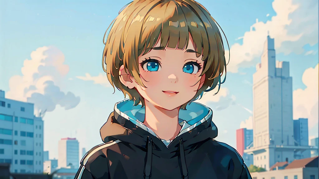 1 young asian girl, short hair, sitting, looking up at the sky, futuristic buildings, golden flying airship in the blue sky with flowing clouds, smiling, boyish, thin, wearing black shorts, white hoodie, black sneakers, (best quality,4k,8k,highres,masterpiece:1.2),ultra-detailed,(realistic,photorealistic,photo-realistic:1.37),cinematic lighting,beautiful detailed eyes,beautiful detailed lips,extremely detailed eyes and face,long eyelashes,intricate details,vibrant colors,dynamic composition,Short mash hair, short cut hair, blonde hair color, turquoise eyes