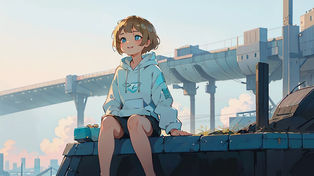 1 young asian girl, short hair, sitting, looking up at the sky, futuristic buildings, golden flying airship in the blue sky with flowing clouds, smiling, boyish, thin, wearing black shorts, white hoodie, black sneakers, (best quality,4k,8k,highres,masterpiece:1.2),ultra-detailed,(realistic,photorealistic,photo-realistic:1.37),cinematic lighting,beautiful detailed eyes,beautiful detailed lips,extremely detailed eyes and face,long eyelashes,intricate details,vibrant colors,dynamic composition,Short mash hair, short cut hair, blonde hair color, turquoise eyes