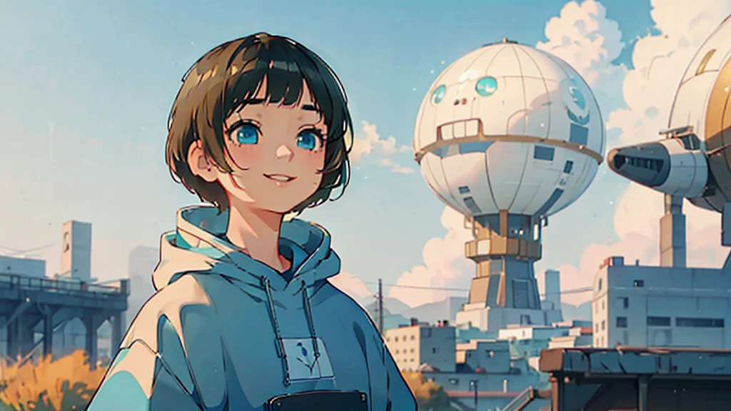 1 young asian girl, short hair, sitting, looking up at the sky, futuristic buildings, golden flying airship in the blue sky with flowing clouds, smiling, boyish, thin, wearing black shorts, white hoodie, black sneakers, (best quality,4k,8k,highres,masterpiece:1.2),ultra-detailed,(realistic,photorealistic,photo-realistic:1.37),cinematic lighting,beautiful detailed eyes,beautiful detailed lips,extremely detailed eyes and face,long eyelashes,intricate details,vibrant colors,dynamic composition,Short mash hair, short cut hair, blonde hair color, turquoise eyes