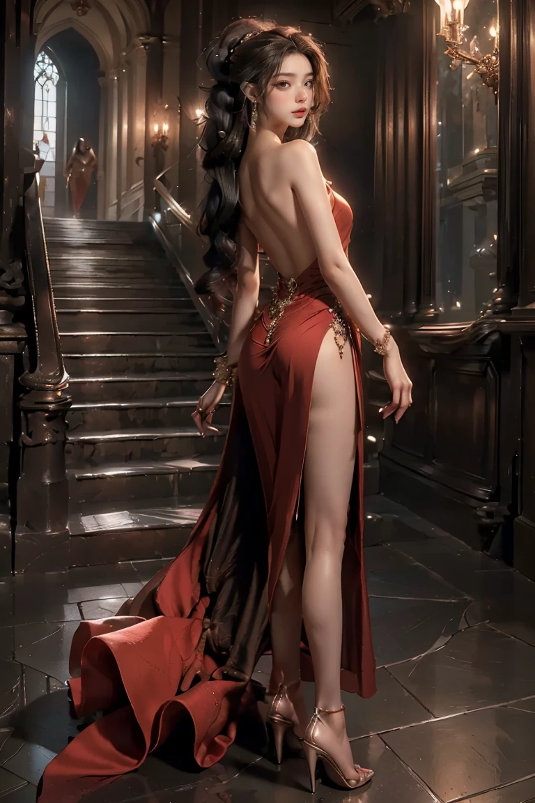 ((masterpiece, highest quality, Highest image quality, High resolution, photorealistic, Raw photo, 8K)), Woman in evening dress, (long hair pulled back, jeweled hairpiece, long gloves, glass shoes, bare shoulders, bare back), looking back halfway up the wide staircase leading to the castle, View from below,