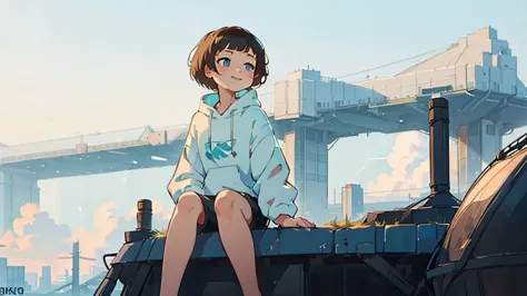 1 young asian girl, short hair, sitting, looking up at the sky, futuristic buildings, golden flying airship in the blue sky with...