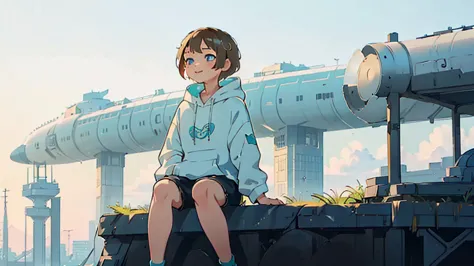 1 young asian girl, short hair, sitting, looking up at the sky, futuristic buildings, golden flying airship in the blue sky with...