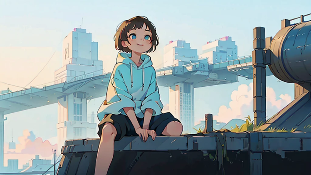 1 young asian girl, short hair, sitting, looking up at the sky, futuristic buildings, golden flying airship in the blue sky with flowing clouds, smiling, boyish, thin, wearing black shorts, white hoodie, black sneakers, (best quality,4k,8k,highres,masterpiece:1.2),ultra-detailed,(realistic,photorealistic,photo-realistic:1.37),cinematic lighting,beautiful detailed eyes,beautiful detailed lips,extremely detailed eyes and face,long eyelashes,intricate details,vibrant colors,dynamic composition,Short mash hair, short cut hair, blonde hair color, turquoise eyes,