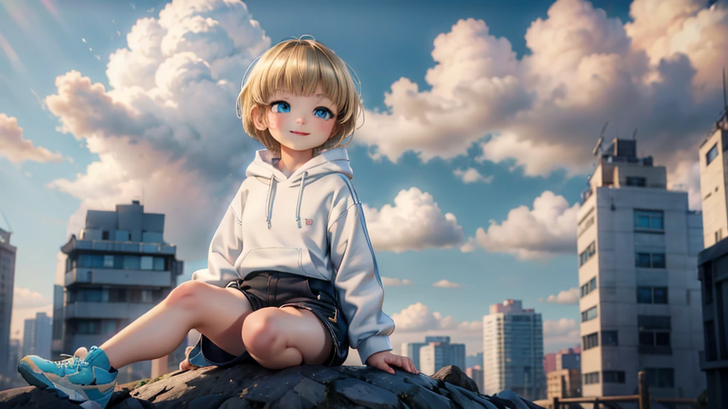 1 young asian girl, short hair, sitting, looking up at the sky, futuristic buildings, golden flying airship in the blue sky with flowing clouds, smiling, boyish, thin, wearing black shorts, white hoodie, black sneakers, (best quality,4k,8k,highres,masterpiece:1.2),ultra-detailed,(realistic,photorealistic,photo-realistic:1.37),cinematic lighting,beautiful detailed eyes,beautiful detailed lips,extremely detailed eyes and face,long eyelashes,intricate details,vibrant colors,dynamic composition,Short mash hair, short cut hair, blonde hair color, turquoise eyes