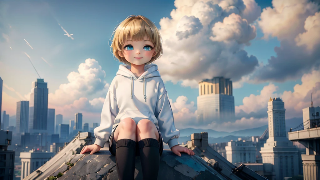 1 young asian girl, short hair, sitting, looking up at the sky, futuristic buildings, golden flying airship in the blue sky with flowing clouds, smiling, boyish, thin, wearing black shorts, white hoodie, black sneakers, (best quality,4k,8k,highres,masterpiece:1.2),ultra-detailed,(realistic,photorealistic,photo-realistic:1.37),cinematic lighting,beautiful detailed eyes,beautiful detailed lips,extremely detailed eyes and face,long eyelashes,intricate details,vibrant colors,dynamic composition,Short mash hair, short cut hair, blonde hair color, turquoise eyes