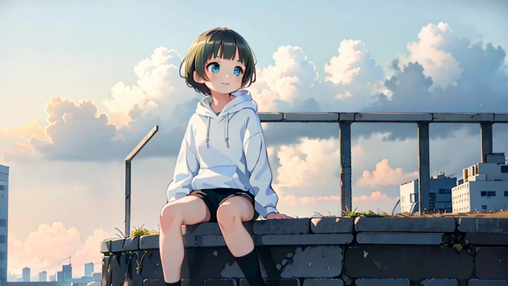 1 young asian girl, short hair, sitting, looking up at the sky, futuristic buildings, golden flying airship in the blue sky with flowing clouds, smiling, boyish, thin, wearing black shorts, white hoodie, black sneakers, (best quality,4k,8k,highres,masterpiece:1.2),ultra-detailed,(realistic,photorealistic,photo-realistic:1.37),cinematic lighting,beautiful detailed eyes,beautiful detailed lips,extremely detailed eyes and face,long eyelashes,intricate details,vibrant colors,dynamic composition,Short mash hair, short cut hair, blonde hair color, turquoise eyes,