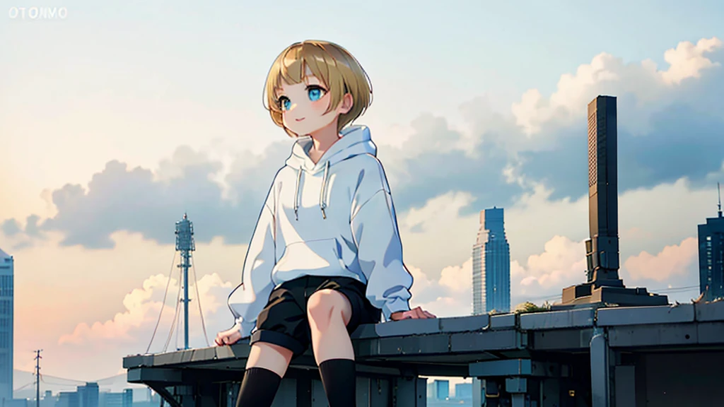 1 young asian girl, short hair, sitting, looking up at the sky, futuristic buildings, golden flying airship in the blue sky with flowing clouds, smiling, boyish, thin, wearing black shorts, white hoodie, black sneakers, (best quality,4k,8k,highres,masterpiece:1.2),ultra-detailed,(realistic,photorealistic,photo-realistic:1.37),cinematic lighting,beautiful detailed eyes,beautiful detailed lips,extremely detailed eyes and face,long eyelashes,intricate details,vibrant colors,dynamic composition,Short mash hair, short cut hair, blonde hair color, turquoise eyes,