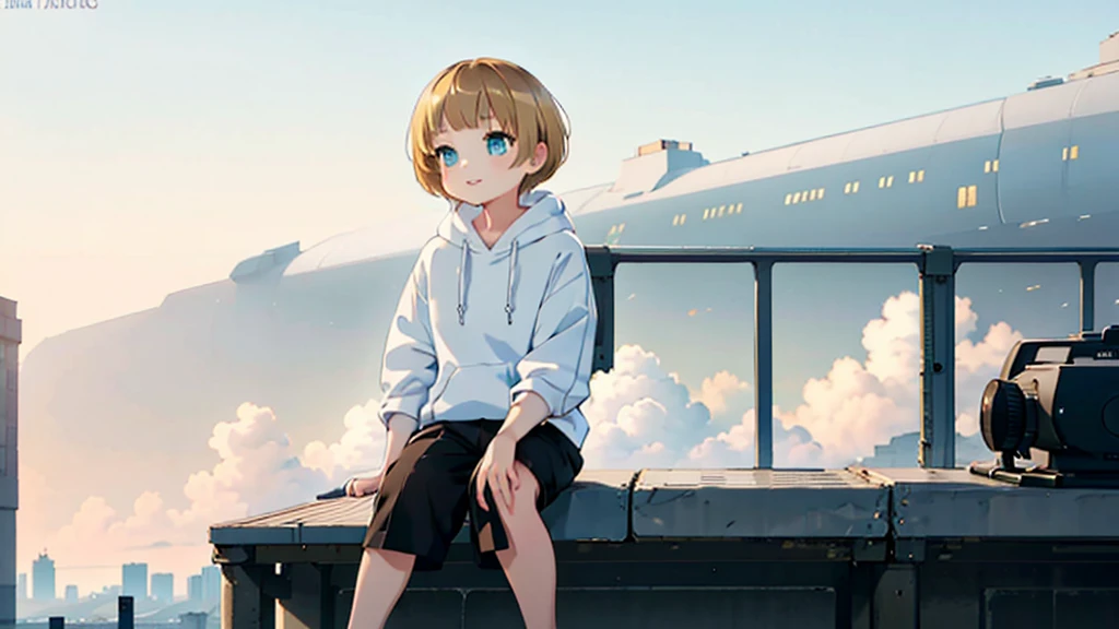 1 young asian girl, short hair, sitting, looking up at the sky, futuristic buildings, golden flying airship in the blue sky with flowing clouds, smiling, boyish, thin, wearing black shorts, white hoodie, black sneakers, (best quality,4k,8k,highres,masterpiece:1.2),ultra-detailed,(realistic,photorealistic,photo-realistic:1.37),cinematic lighting,beautiful detailed eyes,beautiful detailed lips,extremely detailed eyes and face,long eyelashes,intricate details,vibrant colors,dynamic composition,Short mash hair, short cut hair, blonde hair color, turquoise eyes,