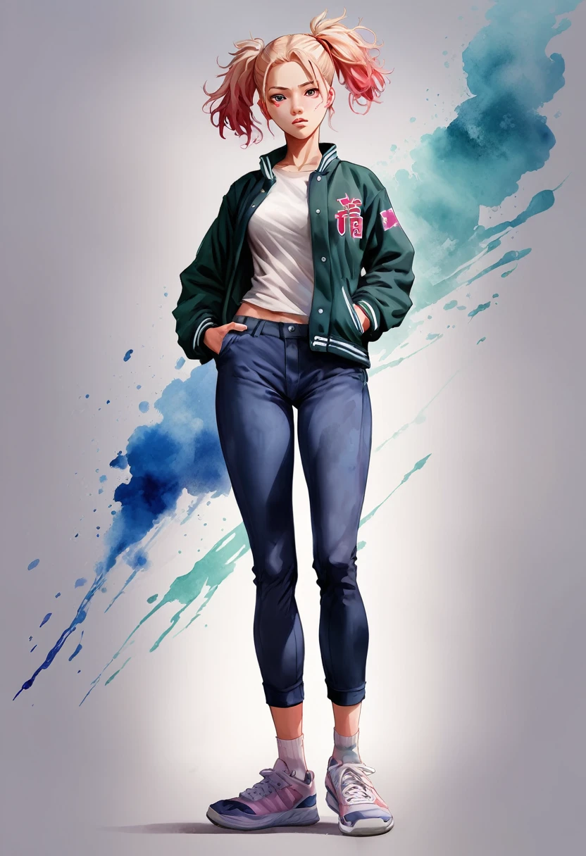 Green Screen, Plain background, High School Uniform:2, Fantasy digital watercolor painting, Photoshop Watercolor Brushes, One girl, sneakers, Standing pose, whole body, anime, Jujutsu Kaisen, Your Name, NewJeans, Korean Girls, Dramatic lighting from below