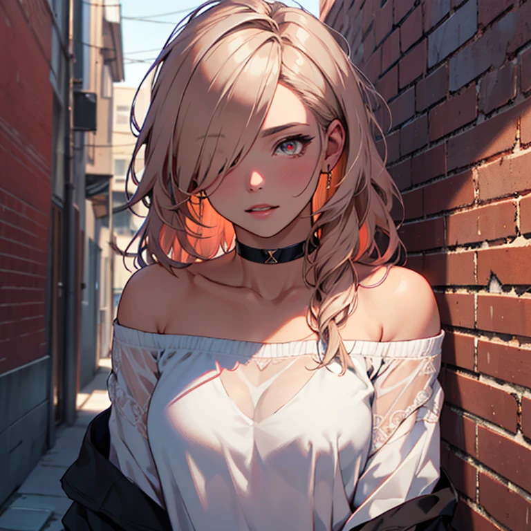 ultra realistic 8k cg, masterpiece, ((ultra detailed background, delicate pattern, intricate detail)), best quality, intricate details, chromatic aberration, 1girl, long hair, golden hair, messy hair, red highlights, hair over one eye, sharp eyes, choker, brick wall, graffiti, dim lighting, alley, oversized shirt,off shoulder, see through white shirt, Masterpiece, best quality