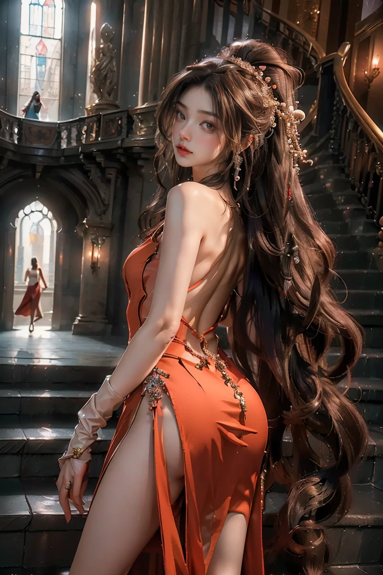 ((masterpiece, highest quality, Highest image quality, High resolution, photorealistic, Raw photo, 8K)), Woman in evening dress, (long hair pulled back, jeweled hairpiece, long gloves, glass shoes, bare shoulders, bare back), looking back halfway up the wide staircase leading to the castle, View from above,