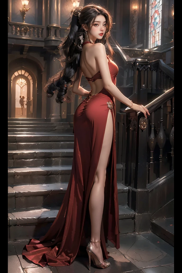 ((masterpiece, highest quality, Highest image quality, High resolution, photorealistic, Raw photo, 8K)), Woman in evening dress, (long hair pulled back, jeweled hairpiece, long gloves, glass shoes, bare shoulders, bare back), looking back halfway up the wide staircase leading to the castle, View from above,