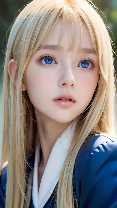 Beautiful blonde cute girl 15 years old、Sexy and very beautiful cute face、Big, bright blue eyes that sparkle beautifully、Very lo...