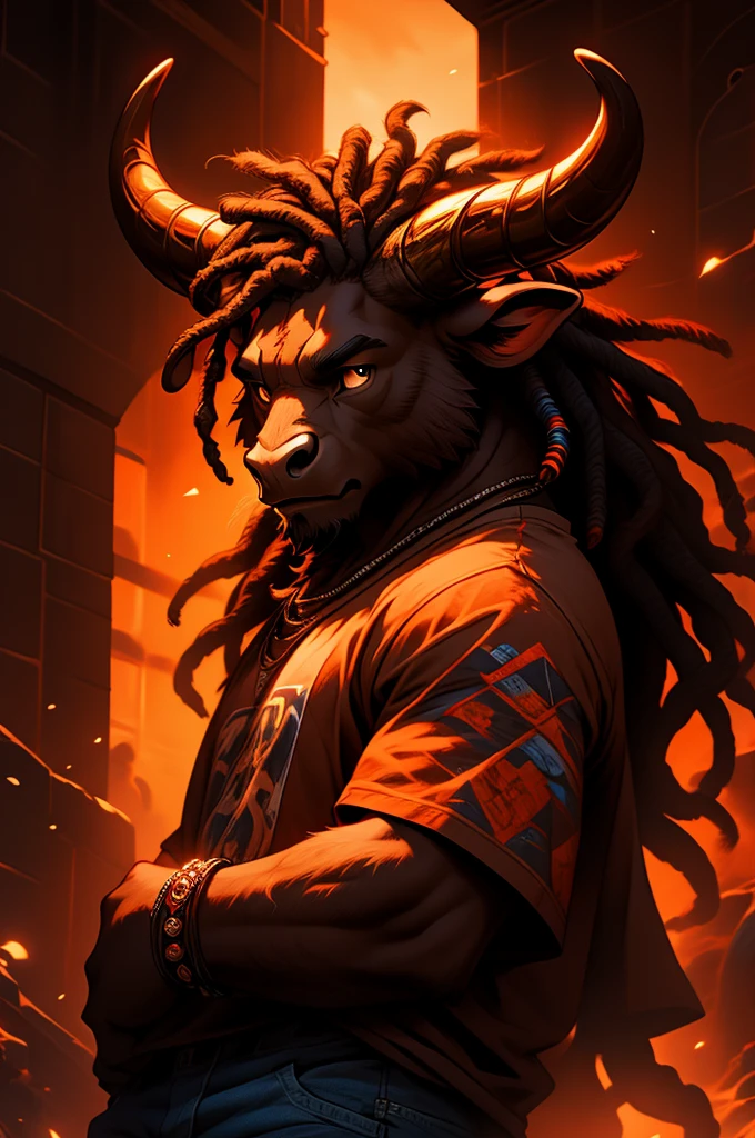 a highland cow with dreadlocks and his hair over his face, rings on horns, wearing a band t-shirt and baggy blue jeans, detailed horns, detailed fur, dramatic lighting, dramatic shadows, vibrant colors, warm color palette.