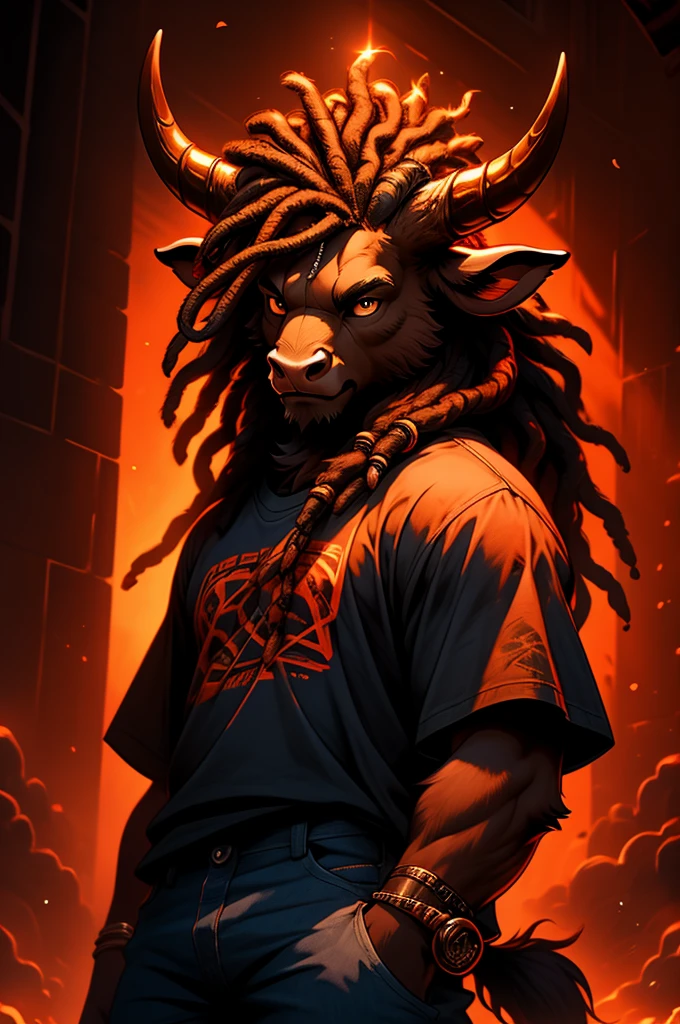 a highland cow with dreadlocks and his hair over his face, rings on horns, wearing a band t-shirt and baggy blue jeans, detailed horns, detailed fur, dramatic lighting, dramatic shadows, vibrant colors, warm color palette.