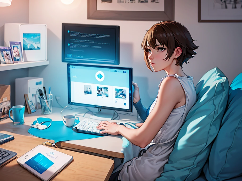 A beautiful woman in her 20s enjoying the Internet using a Wi-Fi home router that can be used simply by plugging it into an electrical outlet at home, illustrated in the style of a modern flat vector illustration. Use a soft pastel color palette of Light Blue, simple geometric shapes and icons, clean lines, subtle shadows, and an overall minimalist, friendly aesthetic. Composition should be balanced and symmetrical. Text labels in sans-serif font. Simplify and stylize elements without photo-realistic details, Makoto Shinkai style